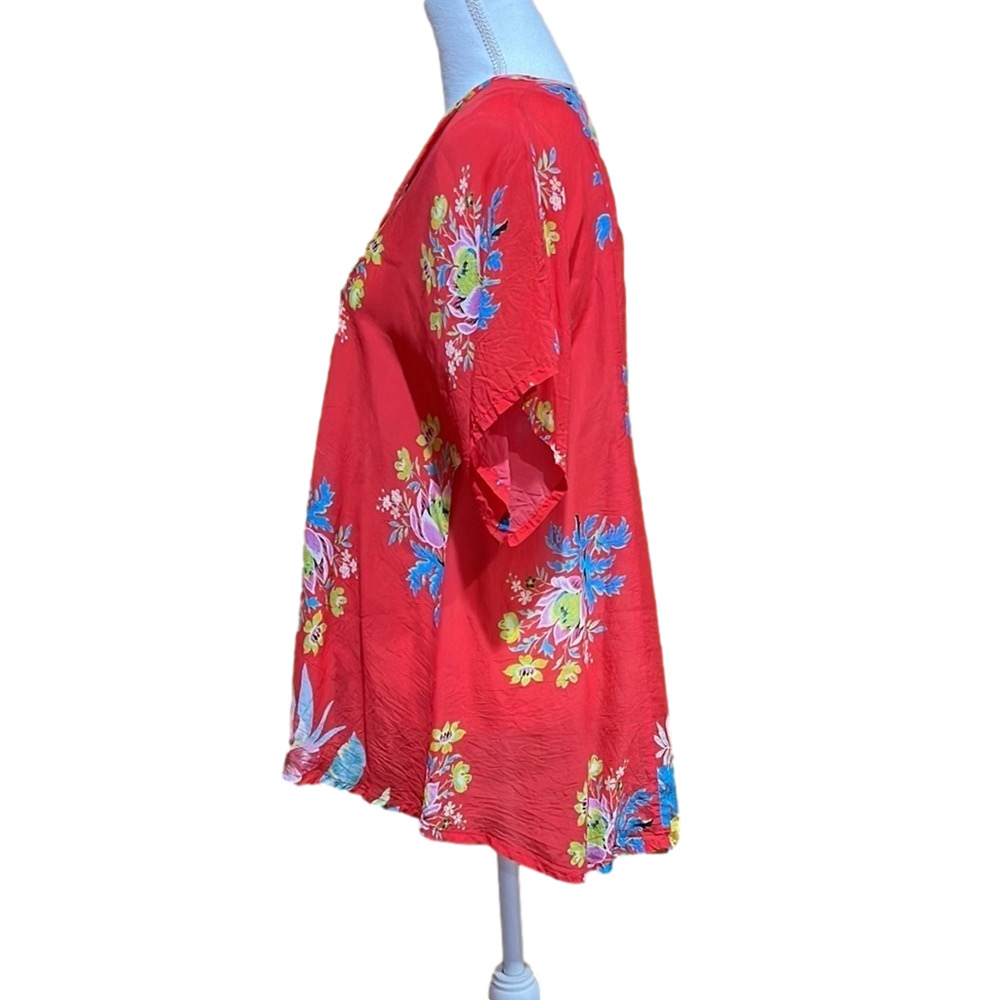Johnny Was Red Floral Short Sleeve Tunic with Tassel Tie Size XS - EUC - Picture 3 of 7